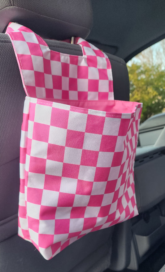 Car Trash Can - Checkered Light Pink